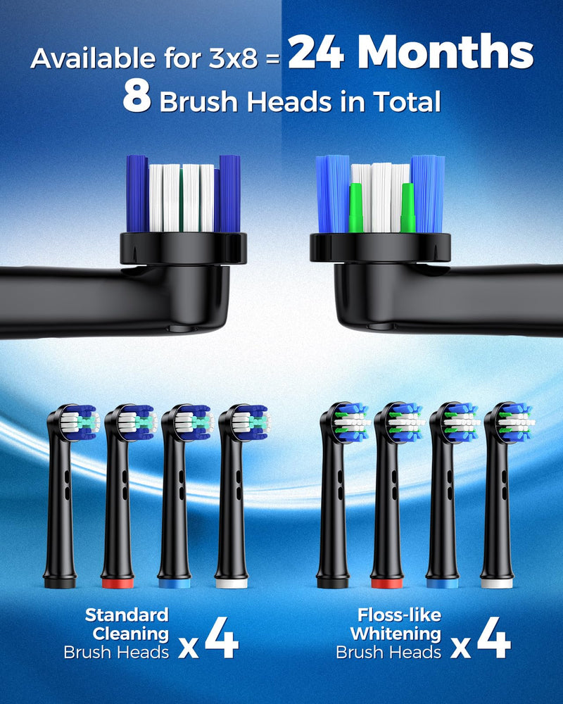 [Australia] - Rotating Electric Toothbrush for Adults with 8 Brush Heads (2 Types), 4 Modes Deep Clean Electric Toothbrush with Rechargeable Power and 2 Min Smart Timer, Fast Charge (Black) Black 