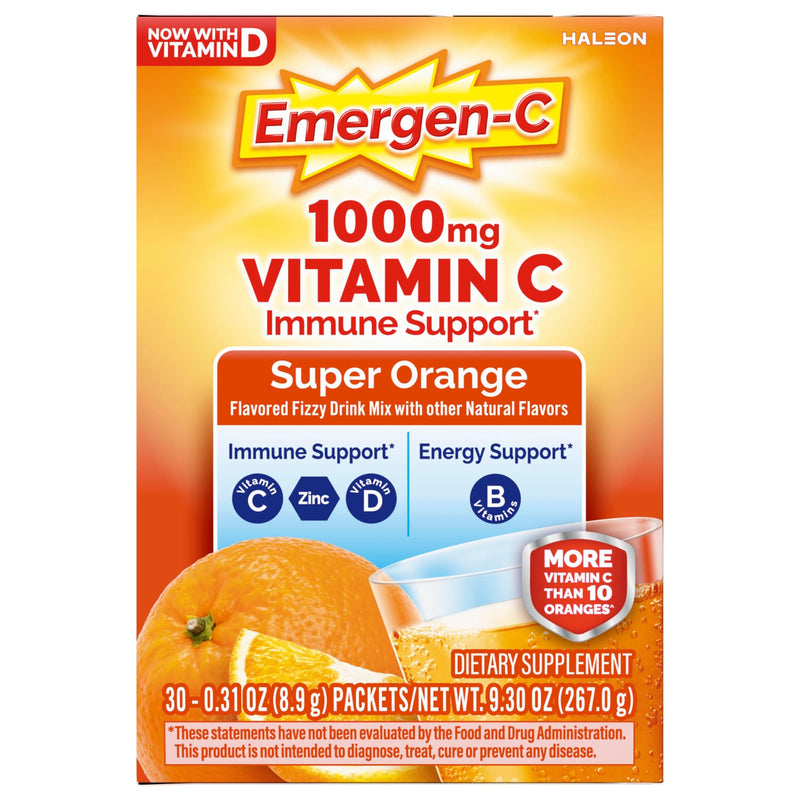 Emergen-C Vitamin C 1000mg Immune Support Powder, Orange, 30 ct | B Vitamins for Energy, Zinc and Manganese, Vitamin D, Electrolytes, Natural Flavor, Dissolves Quick Super Orange 9.6 Ounce (Pack of 1)