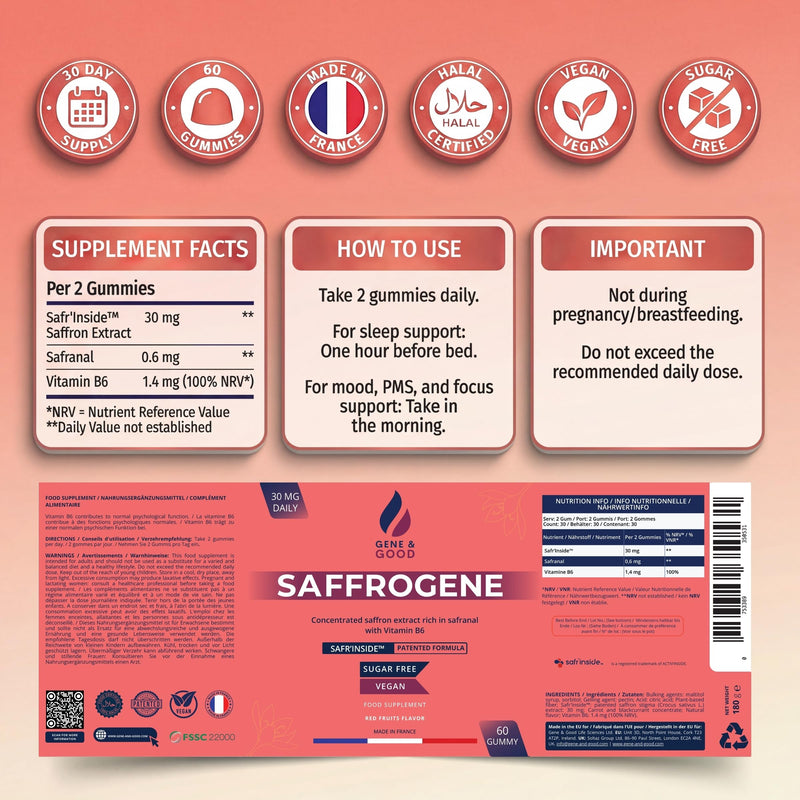 SaffroGene® Saffron Gummies + Vitamin B6 – Patented Saffron Extract – Vegan Red Berry Flavour – Mood & Emotional Balance Support – Focus & Relaxation – 60 Gummies, Made in France