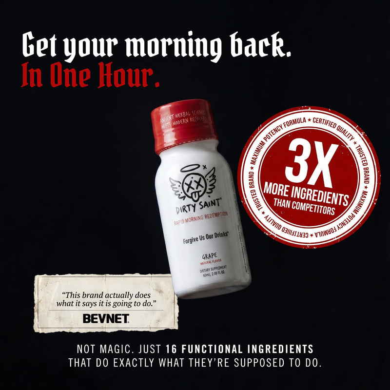 DIRTY SAINT Next Morning Revival Shot | 16 Functional Ingredients, 6 Doses | DHM | Next Day Resurrection | Korean Raisin Tree, No Sugar, Milk Thistle, NAC, B Vitamins, Electrolytes, Natural Grape 2 Fl Oz (Pack of 6)