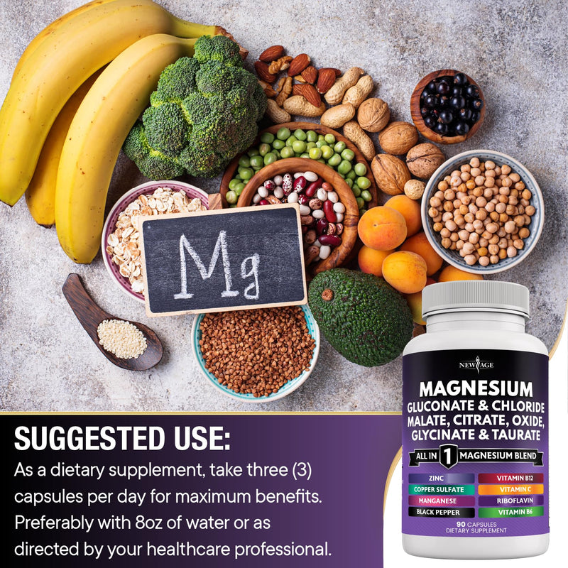 [Australia] - NEW AGE Magnesium Supplement -Powerful Glycinate Citrate Malate Oxide Taurate Aspartate Gluconate Orotate & Mag Chloride Manganese Bone Health and Bone Strength, Joint Support- 180 Count 90 Count (Pack of 2) 