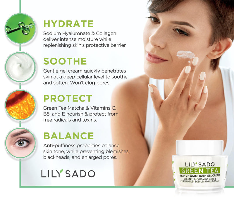 LILY SADO TEA+C Green Tea Water Rush Gel Moisturizer - Lightweight Vitamin C Anti-Wrinkle Moisturizing Lotion - Hydrates & Softens for Luscious, Radiant Skin. Perfect for Spring and Summer. Green Tea Water Rush Gel Cream