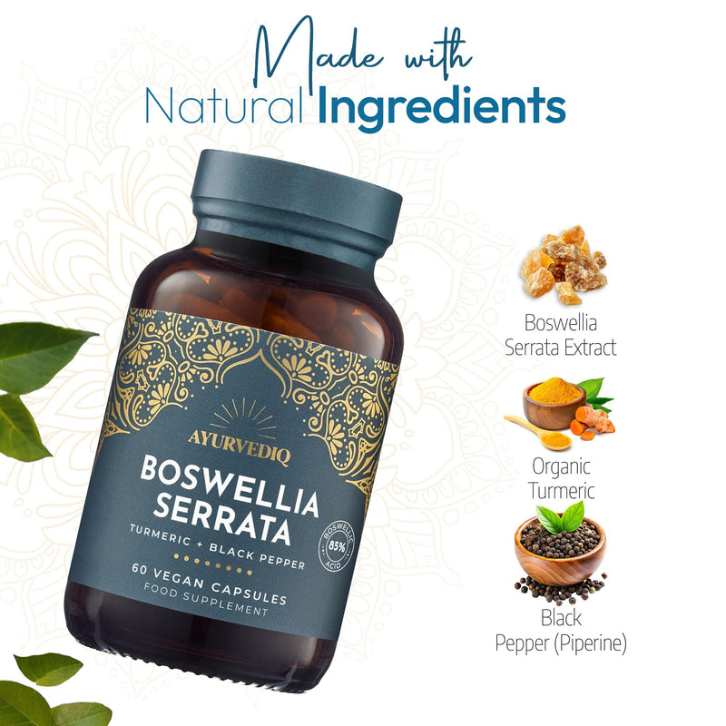 Ayurvediq Boswellia Serrata and Turmeric with Black Pepper Piperine Capsules – 60 Vegan Organic Turmeric Curcumin Capsules a Natural Anti Inflammatory Supplement Joint Support - Ayurvedic Products