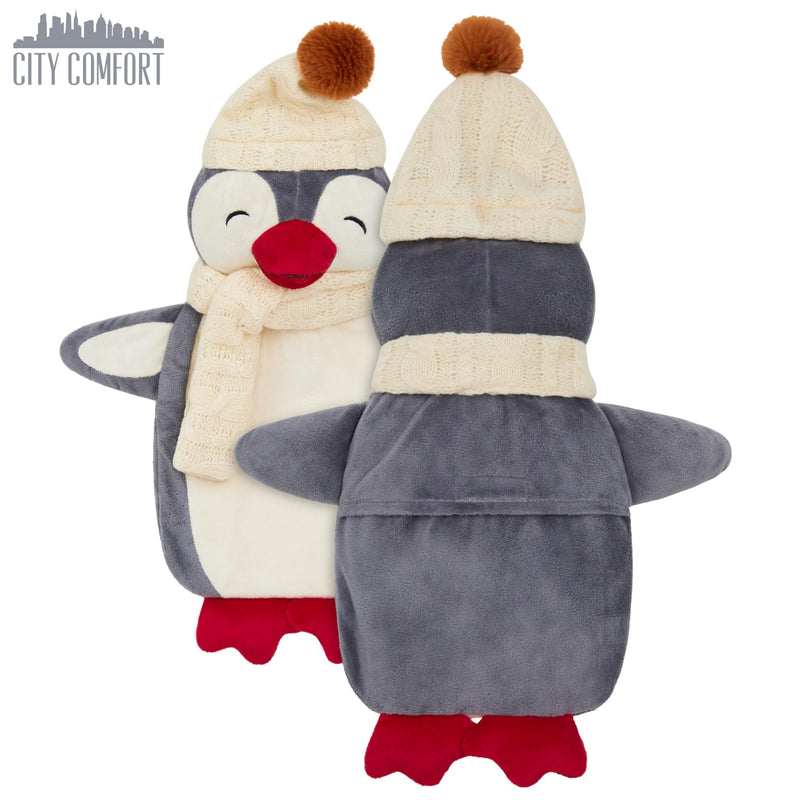 [Australia] - CityComfort Hot Water Bottle 1L with Animal Cover - Hot Water Bottle with Super Soft Plush Cover - Hot Water Bottle (Grey Penguin) Gray Penguin 