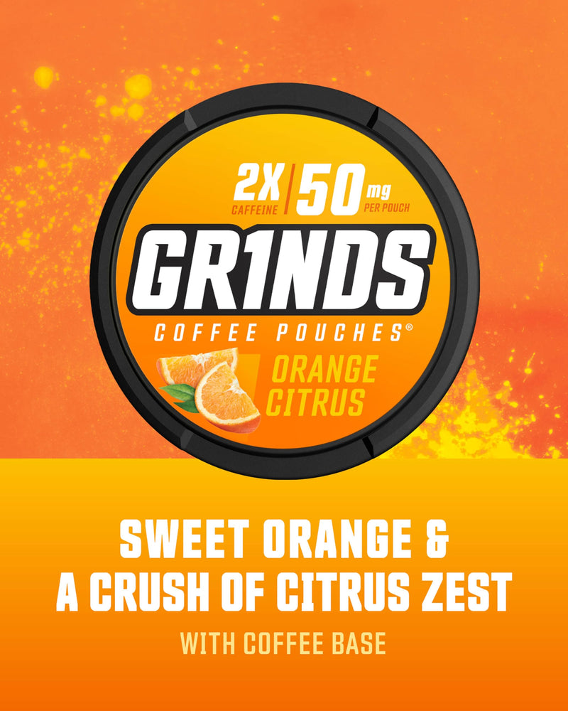 GRINDS Coffee Pouches 18 Per Can | 3 Cans Orange Citrus | Caffeine Pouches | Clean Energy Option | Portable Energy | No Crash, No Jitter | B-Vitamins | Focus | Sugar Free | Brew-Free Coffee 18 Count (Pack of 3)