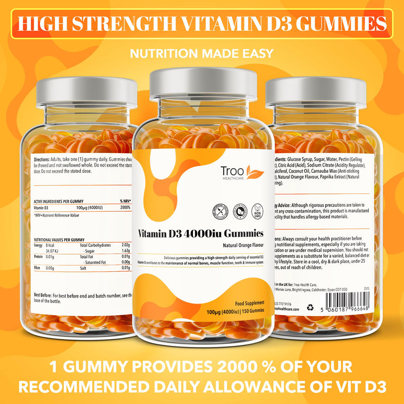 Troo Health Care Vitamin D3 4000iu - 150 Natural Orange Flavour Chewable Gummies - Five Months Supply - Non GMO Tasty Gummy Supplement to Support Immune Function and Help Maintain Bones and Teeth 150 count (Pack of 1)