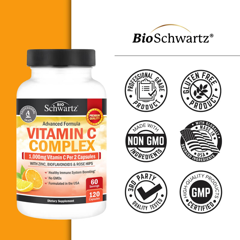 BioSchwartz Vitamin C Complex Supplement - Vitamin C 1000mg Capsules | with Rose Hips Zinc & Citrus Bioflavonoids for Immune Health, Cellular Energy, Collagen Production, 120 Count, 60 Servings