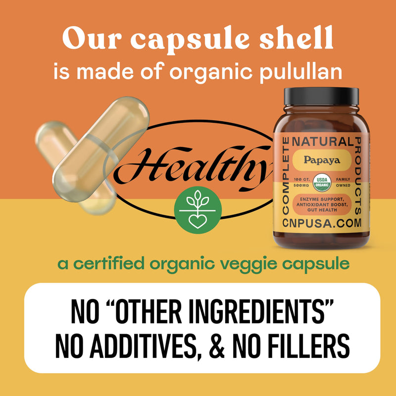 [Australia] - Complete Natural Products Organic Papaya Enzymes & Papain Enzyme Capsules - 500mg 100 Pills, Organic Papaya Powder Digestive Super Fruit Capsules 