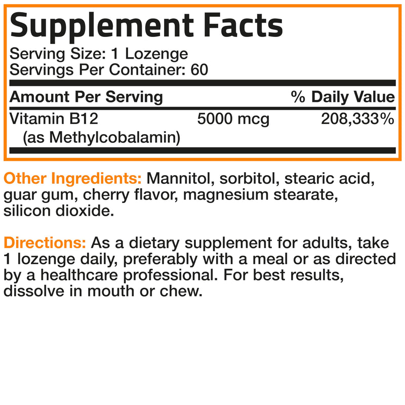 Bronson Methyl B12 5000 mcg Methylcobalamin Sublingual, 60 Lozenges | Fast Dissolve Cherry Flavor, Energy, Brain & Nervous System Support, Vegan, Non-GMO, Gluten-Free & Soy-Free 60 Count (Pack of 1)