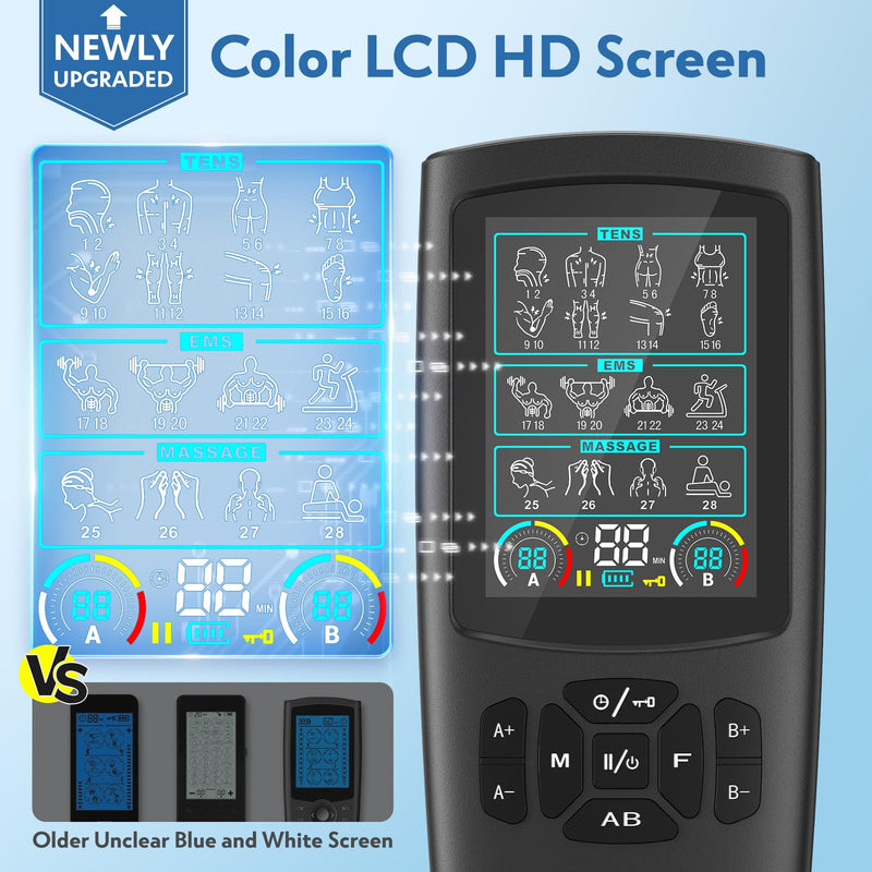 3-in-1 TENS Unit Muscle Stimulator with Color Display - Dual Channel EMS Machine, 28 Therapy Modes,40 Intensity Levels,8 Electrode Pads & EVA Case for Effective Pain Relief 8 Electrode Pads