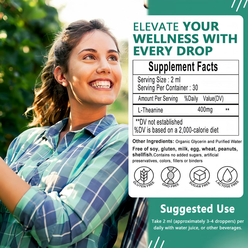 L Theanine Liquid Drops, Pure L-Theanine 400mg for Adults and Kids, Organic High Absorption L Theanine Supplement, Natural Focus Supplement, Non-GMO | Gluten Free | 30 Servings