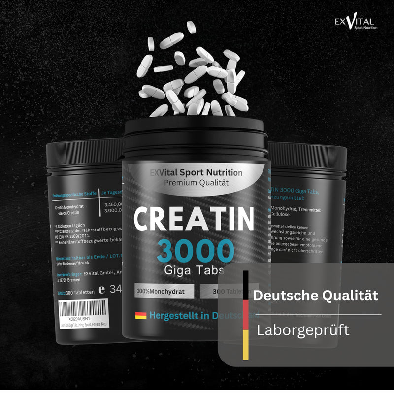 [Australia] - Creatine 3000 Giga Tabs, 3450mg creatine monohydrate per daily dose, 300 vegan tablets, alternative to creatine capsules & powder, training, sport, fitness 