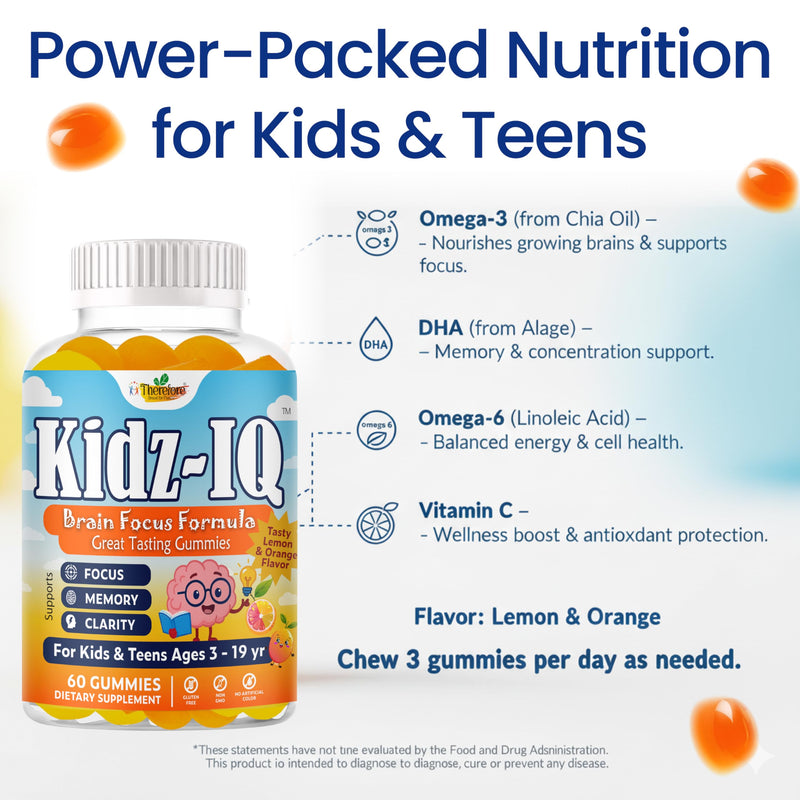 Kidz IQ Omega 3 for Kids, Focus Supplement for Kids, DHA Focus Gummies for Teens, Brain Supplements for Memory, Attention and Concentration Support, Orange Flavor, Non-GMO, Gluten-Free, 60 Gummies