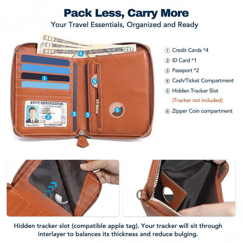 Genuine Leather RFID Passport Zip Wallet with Hidden Tracker Slot, Brown | Dual Passport Travel Wallet-Document Organizer with Wrist Strap