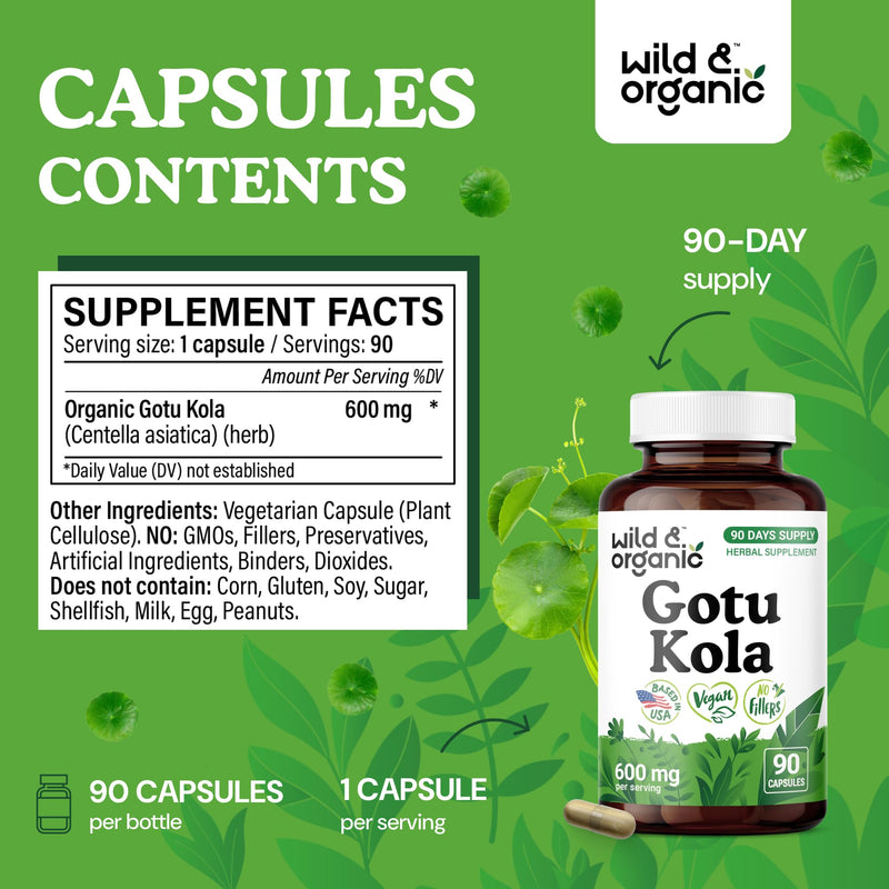 [Australia] - Wild & Organic Gotu Kola Capsules 600 mg - Brain & Focus Support - Gotu Kola Powder Supplement - Gotu Kola Extract - 90 Days of Supply - Vegan, No Fillers, Non-GMO - 90 Count 