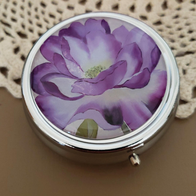 Designer Pill Box by Houder - Decorative Pill Case with Gift Box - Carry Your Meds in Style (Purple Flower) Purple Flower