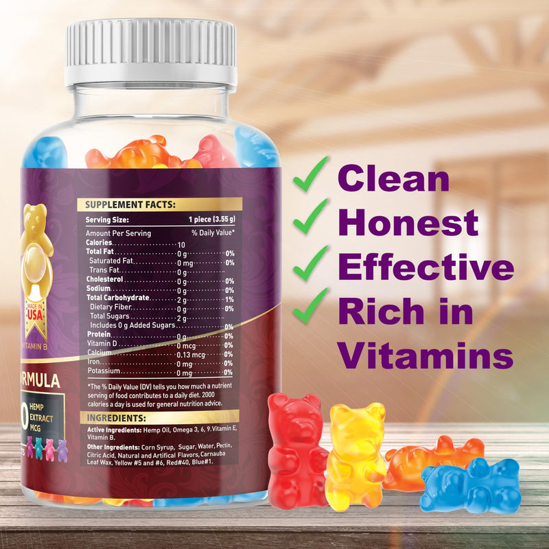 WELLUTION Hemp Gummies XXL 4,000,000 MCG - Vegan Gummy Bears with Natural Hemp Oil, Omega 3-6-9, Vitamins A & D - 60ct