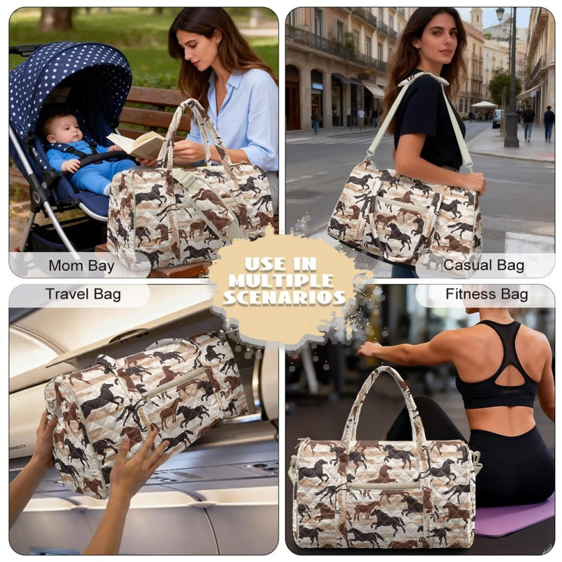 Horse Design Large Men Women Travel Duffle Bag, Quilted Carry on Bags with Adjustable Straps for Overnight Weekend Yoga Gym Business Trips and Sport Horse Design