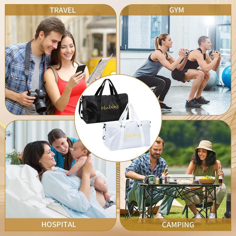 2 Pcs Wifey Hubby Duffle Bag Set White Black Wedding Travel Bags Waterproof Honeymoon Travel Bags Weekender Tote Bag For Women Men Couple Bridal Shower Honeymoon Party Organizer Supplies