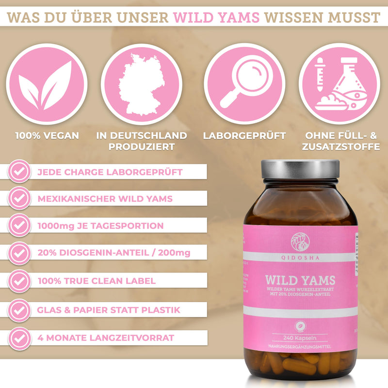 [Australia] - QIDOSHA® Wild Yam Root Extract, 240 pieces/glass, 1000mg Wild Yam Root Extract with 200mg Diosgenin per daily portion, Mexican Wild Yam capsules high dosage, vegan, made in Germany 