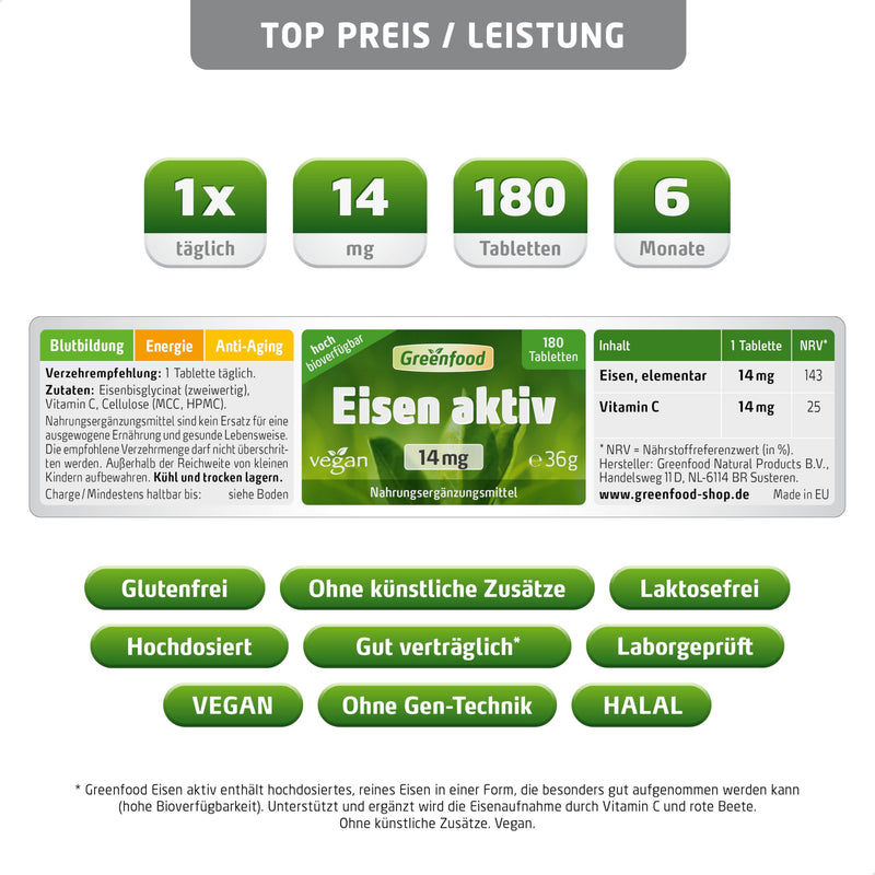 [Australia] - High-dose iron tablets - iron 14 mg (180 vegan tablets) - iron vitamin C for better absorption - against tiredness and exhaustion - chelate complex (iron bisglycinate) - Greenfood 1 piece (pack of 180) 