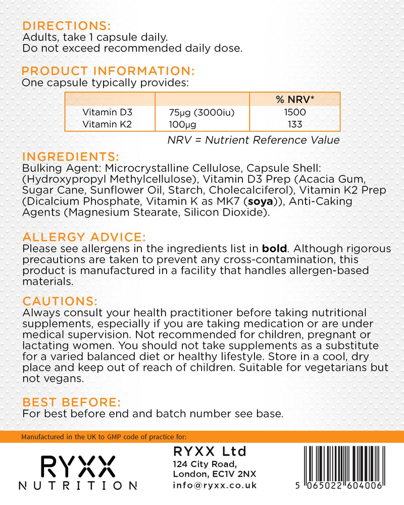 Vitamin D3 3000iu & K2 100µg (MK7) | High Strength Vitamin D3 + K2 Supplement | 90 Vegetarian Capsules | Made in the UK by RYXX