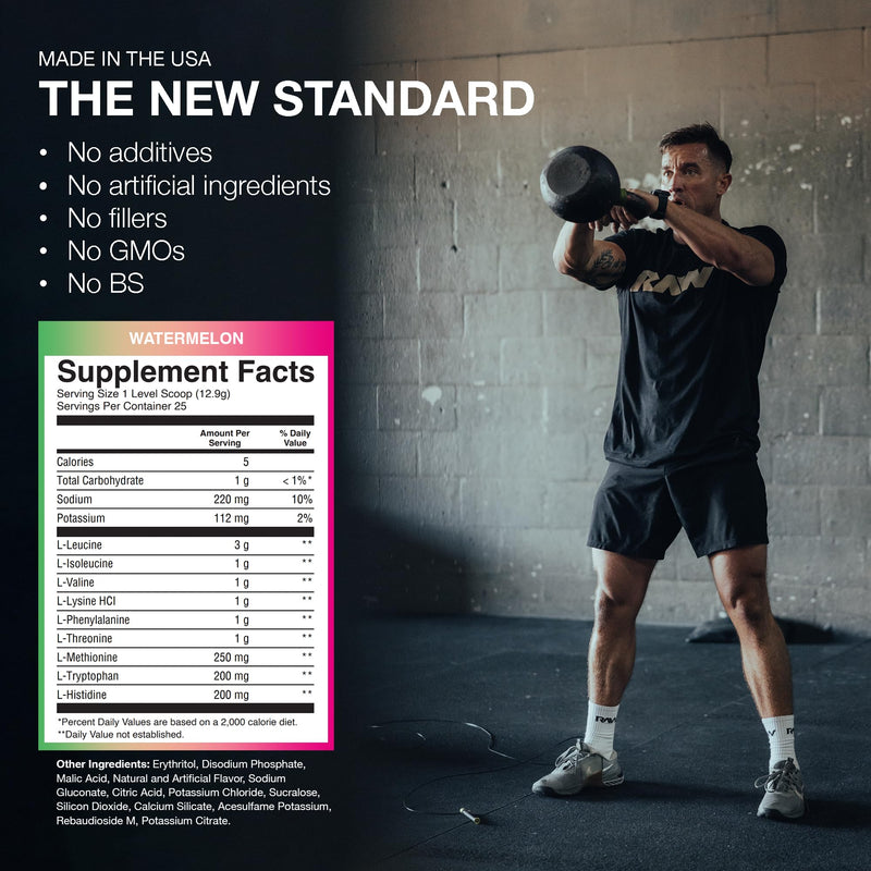 [Australia] - RAW EAA Amino Acids Powder, Watermelon (25 Servings) - Pre Workout Amino Energy Powder for Strength, Endurance, Recovery & Lean Muscle Growth - BCAA Amino Acids Supplement for Men & Women 