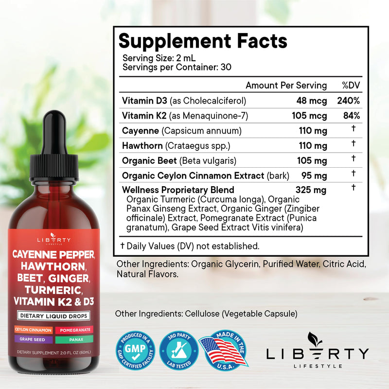 [Australia] - Cayenne Pepper Supplement Liquid Drops + Hawthorn Berry, Vitamin D3 K2 Beet Root Powder, Ceylon Cinnamon, Turmeric Curcumin, Organic Panax Ginseng - 4oz 2 Fl Oz (Pack of 2) 