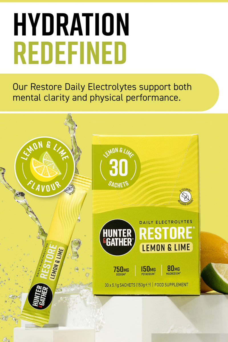 Hunter & Gather Restore Electrolytes Sachets x 30 I No Added Sugar or Artificial Sweeteners I 100% Natural Hydration I Optimal Mineral Ratio with Pink Himalayan Salt I Keto I with Natural Monk Fruit Lemon & Lime