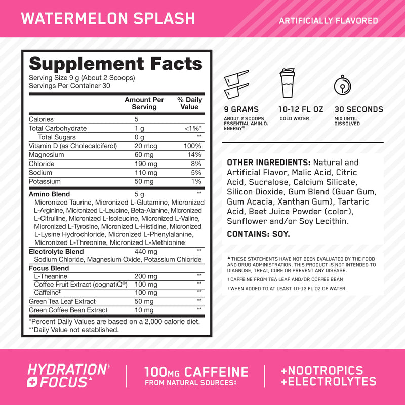 Optimum Nutrition, Amino Energy Powder Plus Focus, with Bcaa, Electrolytes, and Caffeine, Watermelon, 30 Servings | Contains BCAAs, Electrolytes, 100 mg Caffeine, 5g Amino Acids, Zero Sugar, Supports Hydration, Banned Substance Tested