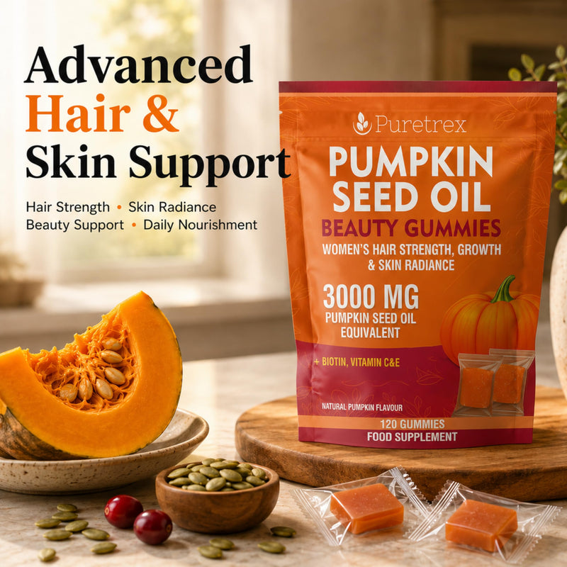 Puretrex Pumpkin Seed Oil Gummies 3000mg, UK Made Hair Growth Gummies for Women with Biotin Vitamin C & E, Vegan, Hair, Skin & Nails Beauty Gummies, Natural Pumpkin Flavour, 120 Gummies