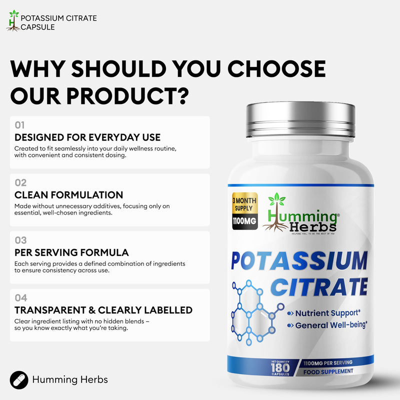 Humming Herbs Potassium Citrate Supplement | 1100 mg per Serving Delivering 398 mg Potassium | 180 Vegan Capsules | 90 Day Supply