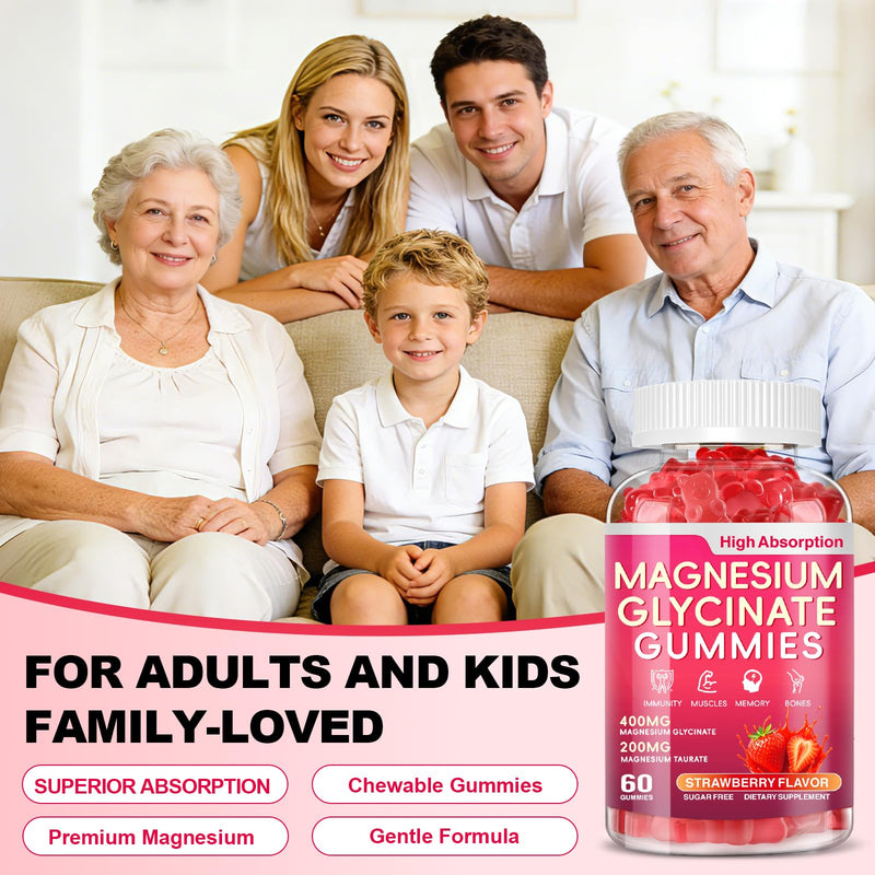 Magnesium Glycinate Gummies 600mg, High Absorption Magnesium Complex 60Ct | Suitable for Adults and Kids, Potassium Chewable Gummies with Vitamins D, CoQ10, for Relaxation and Body Support