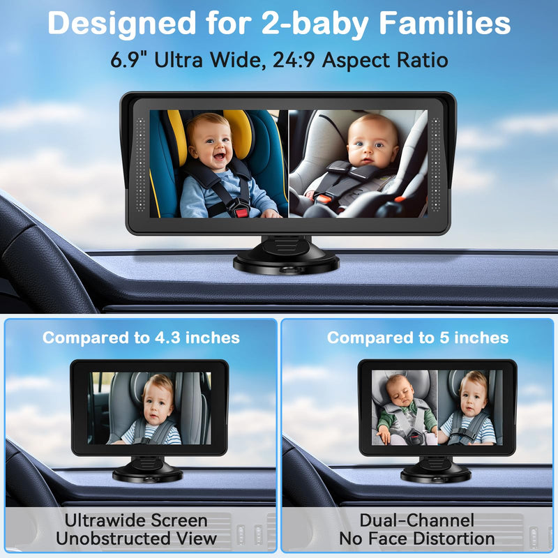 [Australia] - Dual Baby Car Camera for 2 Kids - 6.9'' Split Screen Ultrawide HD Display with Two Cameras, Easy Setup, Rotatable Night Vision Cameras, Ideal for Parents, Grandparents, Safe & Clear Viewing 