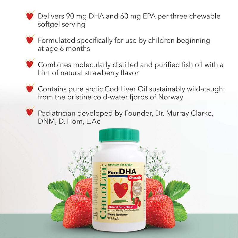 [Australia] - CHILDLIFE ESSENTIALS Pure DHA Dietary Supplement - DHA for Kids, Supports Healthy Brain Growth & Function, All-Natural, Gluten-Free, Kids DHA Supplement - Natural Strawberry Flavor, 90 Count (3 Pack) 