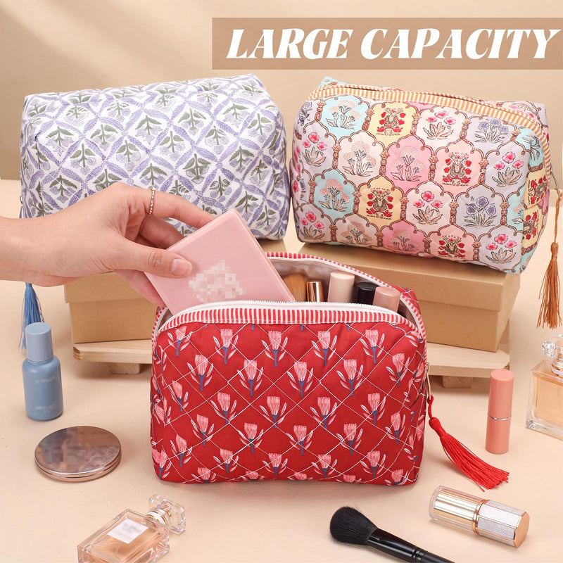 Kacctyen 12 Pcs Block Print Makeup Bags Cotton Quilted Blue Toiletry Makeup Bag with Tassel Flower Pouch Emergency Travel Toiletry Bridesmaid Engagement Bridal Shower Gift for Women (Pink Ditsy) 6 Pink Ditsy