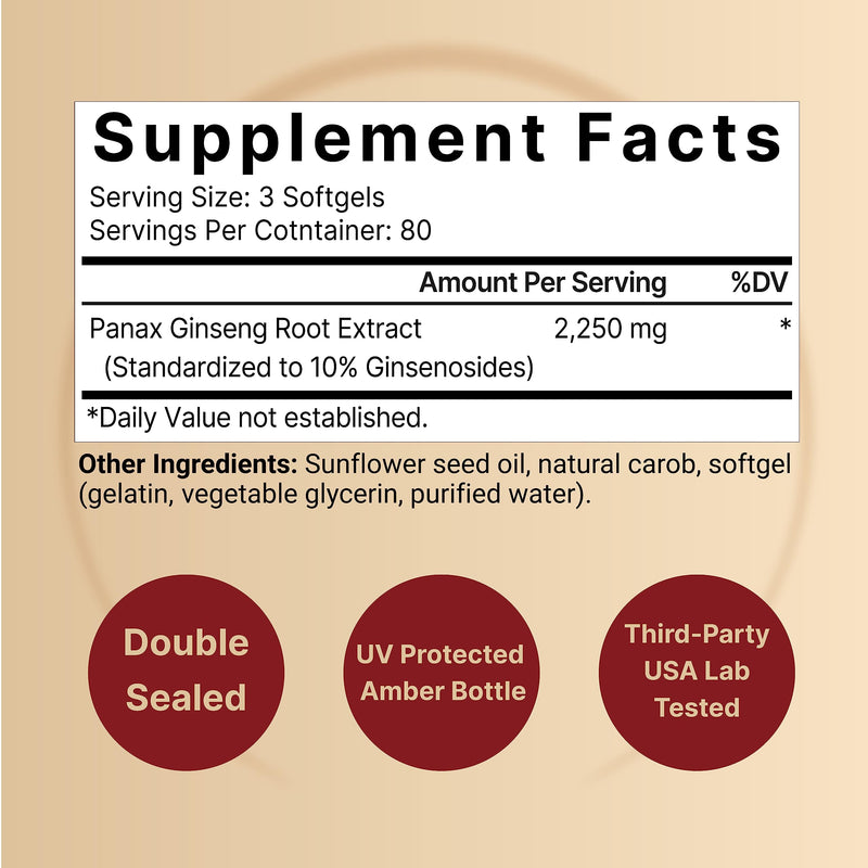 Korean Red Ginseng 2,250mg Per Serving, 240* Softgels | Panax Ginseng Root, Standardized to 10% Ginsenosides, Non-GMO, Support Energy, Male Performance, & Immune System