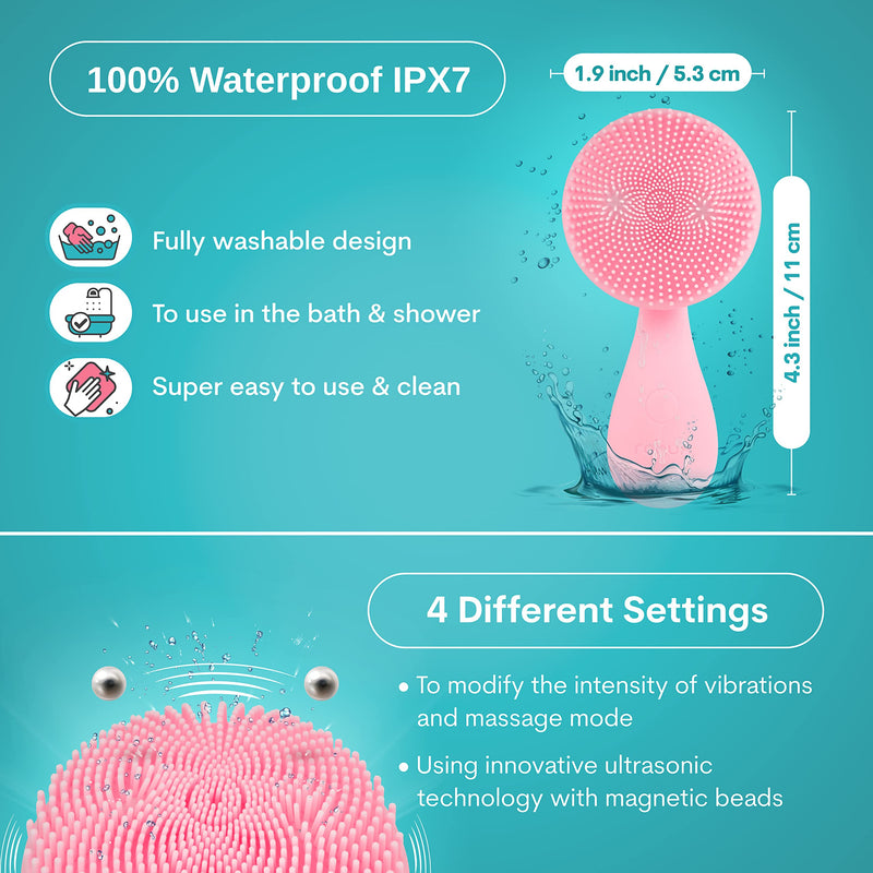Silicon Facial Cleansing Brush - Electric, Rechargeable, Waterproof IPX7 - Rotating Magnetic Beads - 4 Function Modes - Face Massage for Deep Cleaning - Magnetic Charging Base - Ergonomic Handle