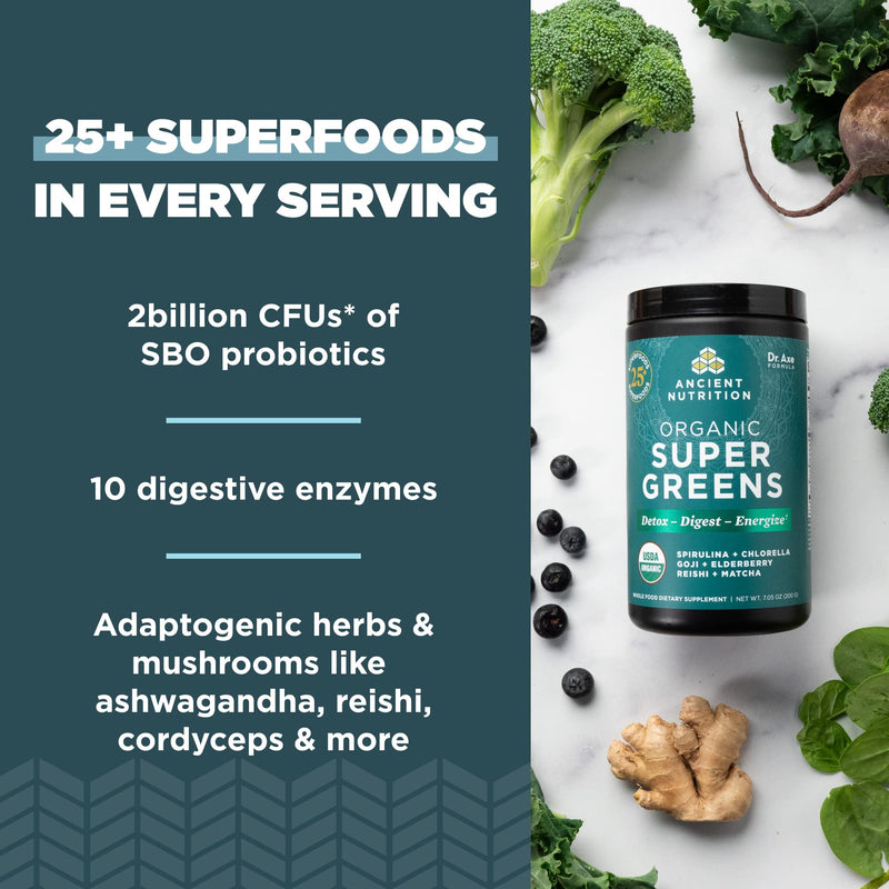 [Australia] - Ancient Nutrition Super Greens Powder, Organic Superfood Powder with Probiotics Made with Spirulina, Chlorella, Matcha, and Digestive Enzymes, 25 Servings, 7.05oz 