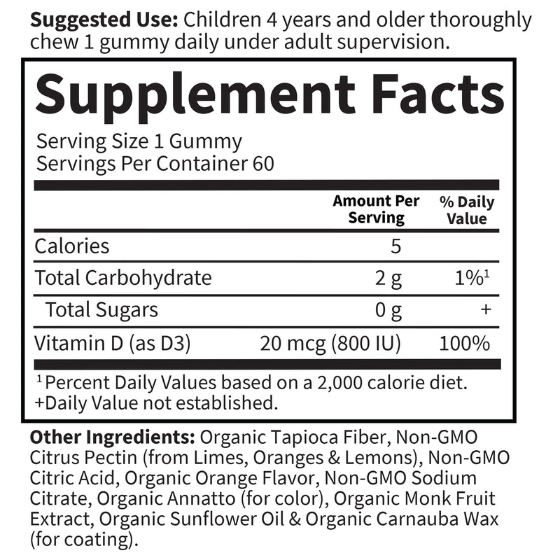 Garden of Life Kids Organic Vitamin D3 Gummies with 800 IU (100% Daily Value) for Strong Bones,Teeth,Brain & Immunity – Non-GMO,No Gluten,Vegetarian,Sugar Free,Orange Flavor,60 Count(Pack of 2) 60 Count (Pack of 2)