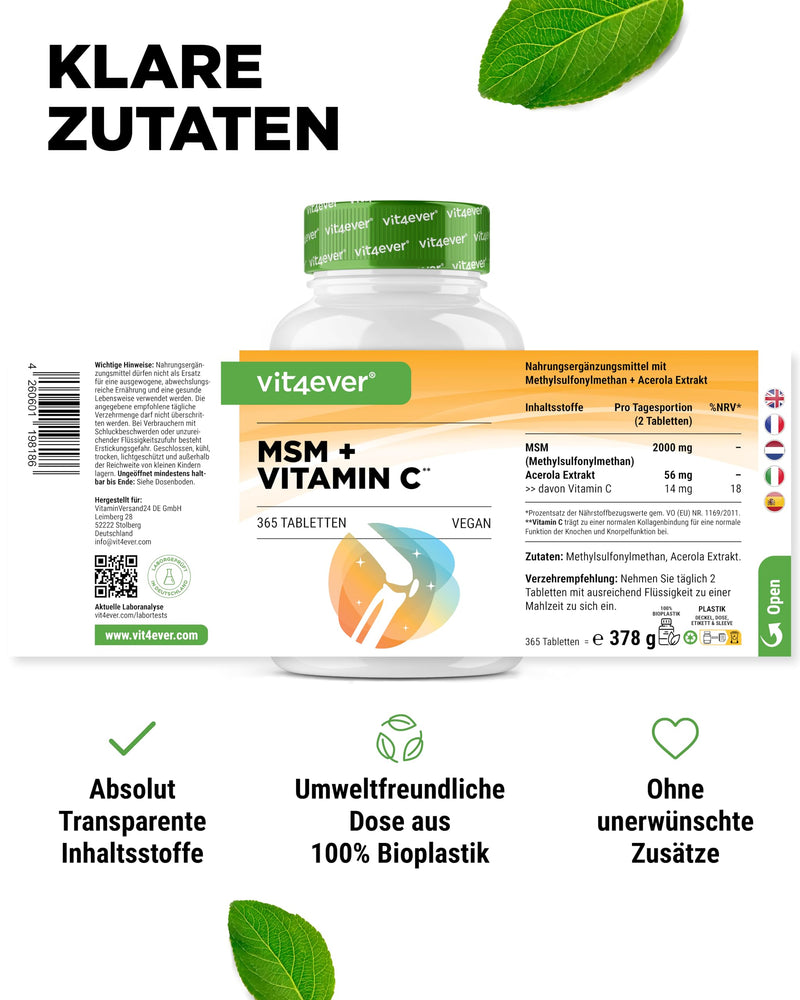 [Australia] - MSM 2000mg - 365 tablets - With natural vitamin C from acerola - No additives - 6 months supply - High dosage - Laboratory tested - Vegan 