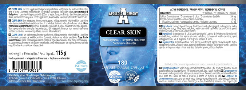 Clear Skin - Vitamin B5 200mg (Pantothenic Acid) and Acetyl-L-Carnitine 70mg, 180 Vegan Capsules, 6 Months Supply, Anti-Acne, Enhanced Skin Health, Diet Supplement - by Apollo's Hegemony