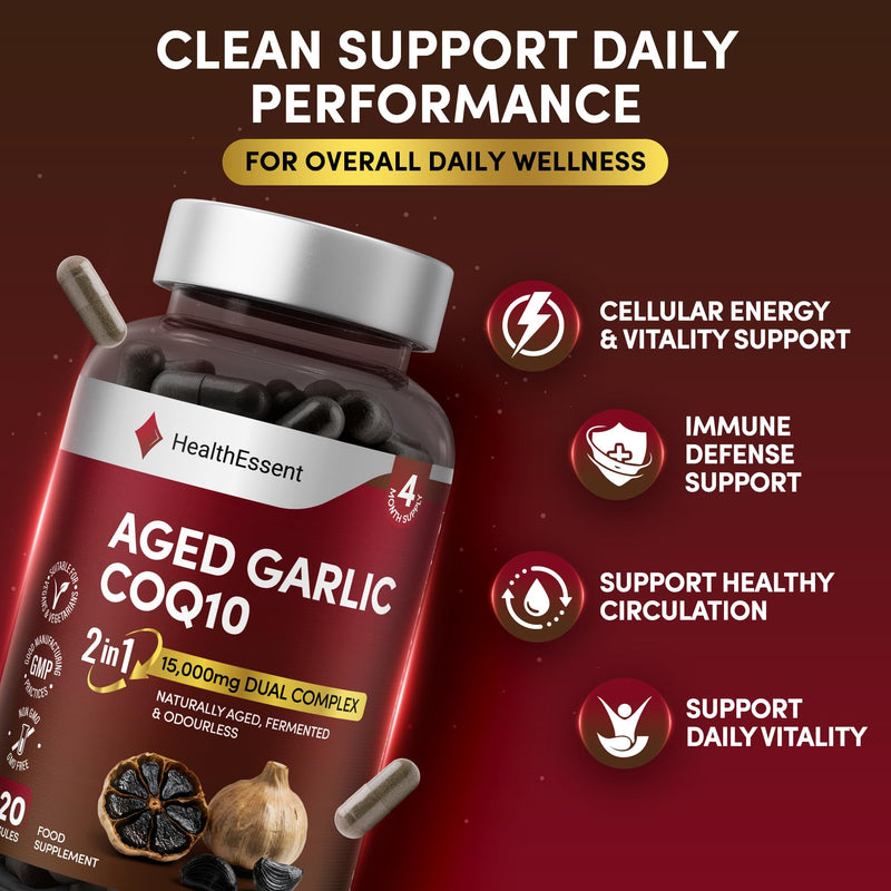 HealthEssent Aged Black Garlic 15,000mg Blood Pressure Support with CoQ10 | 120 Capsules, 4 Month Supply | Odourless Fermented Aged Garlic Extract | 100:1 Dual Complex | Vegan, Non-GMO, GMP Quality