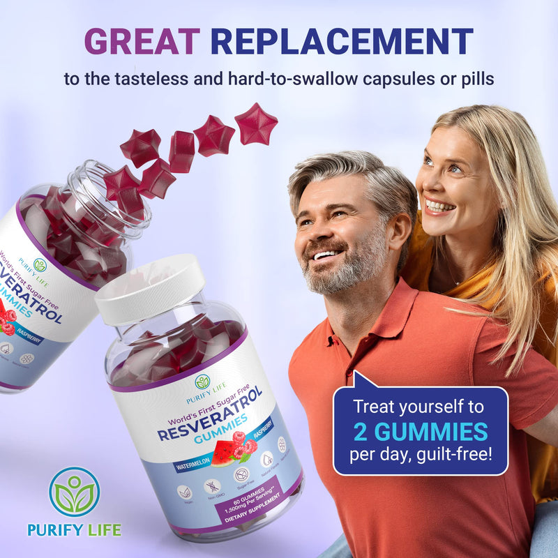 [Australia] - Purify Life Sugar-Free Resveratrol Gummies - Potent 1500mg Resveratrol Supplement to Support Digestive & Immune Health - Resveratrol Supplement for Antioxidant Support, Cell Regenerator & Repair Resveratrol Cell Repair 