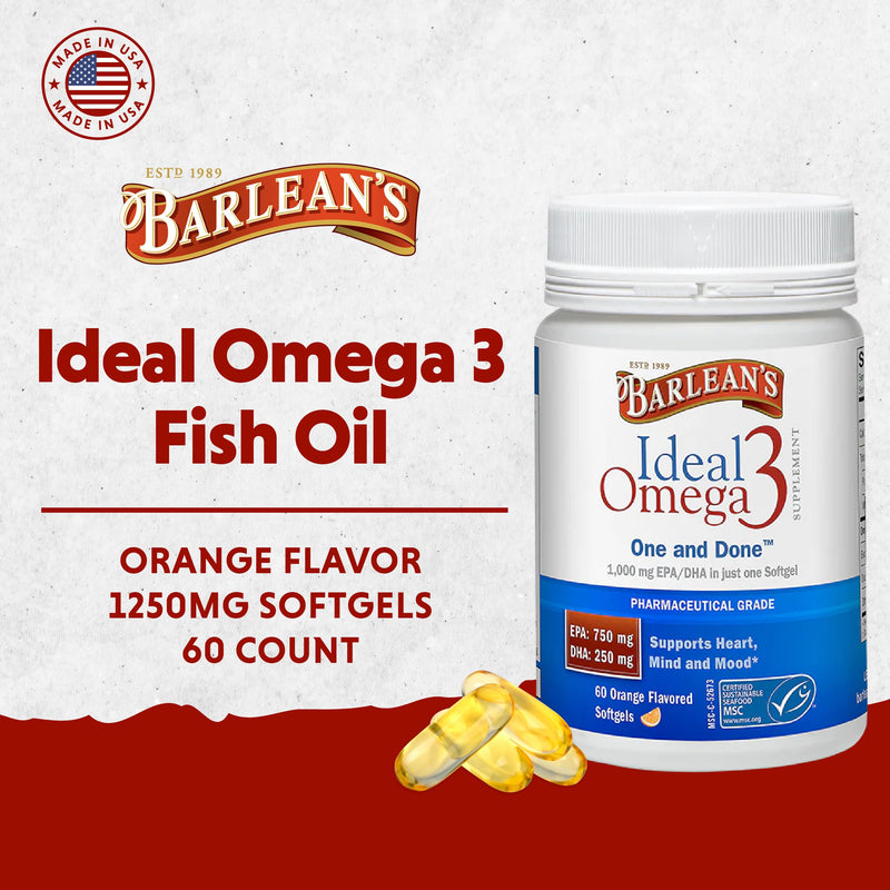 Barlean's Ideal Omega 3 Fish Oil Supplement, 1,000 mg Softgels, Pharmaceutical Grade EPA & DHA for Brain, Joint, & Heart Health, Orange Flavor, 60 ct | Wild-caught fish oil, EPA DHA omega-3, 1 softgel daily, Burpless, Non-GMO, Gluten-free, Heart, brain...