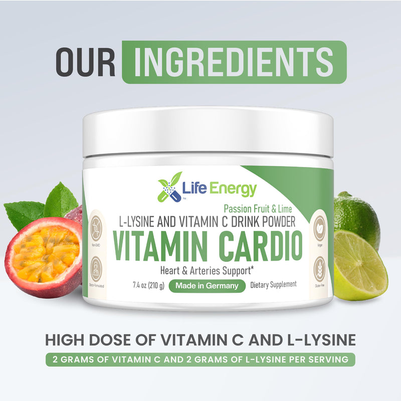 High-Dosed 2000mg Vitamin C & L-Lysine Drink Mix Powder | Heart, Arteries, Collagen & Immune Support | Passion Fruit & Lime | Stomach-Friendly | Non-GMO Sugar-Free Vegan Doctor-Formulated | 210g size