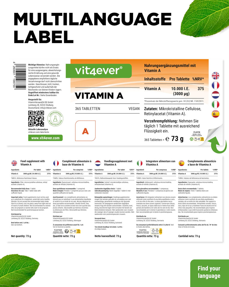 [Australia] - Vitamin A - 10,000 IU (3000 µg) - 365 tablets - Alternative to capsules - High-dose retinyl acetate - Without unwanted additives - Eyes, skin, immune system - Vegan 