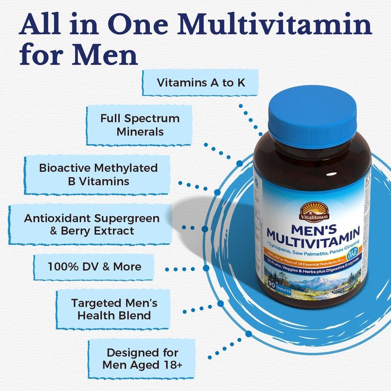 Vitalitown Multivitamin for Men, with Lycopene, Saw Palmetto, Magnesium, Zinc, Selenium, Vitamin A C D E K B, Fruits, Veggies & Enzymes for Complete Men's Health Support, Non-GMO, 90 Tablets