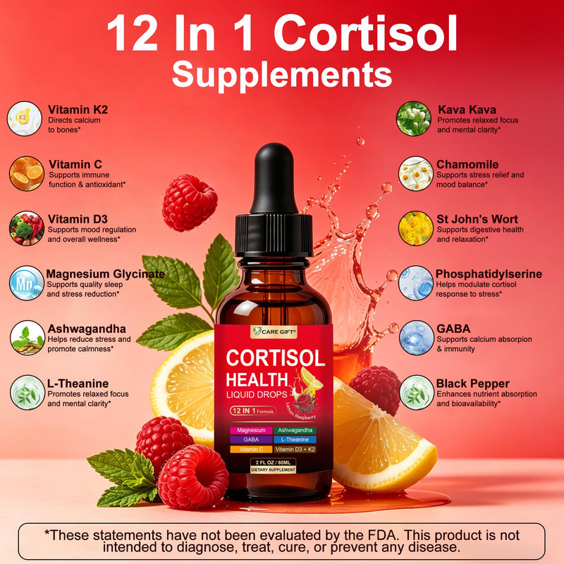 2 PCS Cortisol Liquid Drops 12-in-1 Cortisol Support Supplement with Magnesium Glycinate Ashwagandha L-Theanine GABA Cortisol Reducer for Sleep Stress Support- 2 Fl Oz 0.07 Fl Oz (Pack of 60)