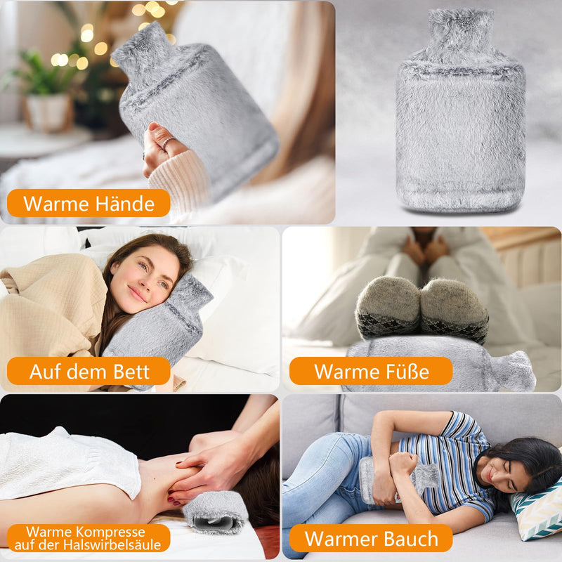 [Australia] - NOVATREK Hot Water Bottle with Cover, 2L Hot Water Bottles Large, Leak-Proof Fluffy Hot Water Bottle with Kangaroo Cuddly Soft Fur Cover for Adults & Children, Gifts for Women, Bed Bottle (Grey) Grey 